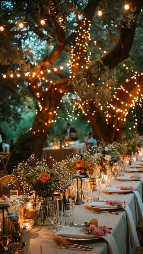 Fairy Lights Trees Backyards, Fairy Garden Theme Wedding, Outdoor Evening Wedding Ideas, Whimsical Garden Wedding Centerpieces, Wedding Reception Garden, Twinkle Lights Wedding, Abroad Wedding, Reception Lighting, Garden Dinner