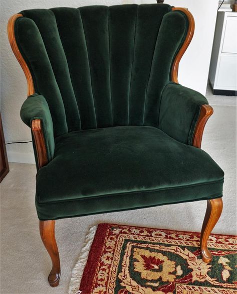 Vintage Accent Chairs For Living Room, Vintage Chair Entryway, Vintage Reading Chair, 30s Furniture, Reupholstered Wingback Chair, Channel Back Chairs, Wingback Chair Upholstery Ideas, Channel Back Chair Makeover, Wing Chair Upholstery Ideas