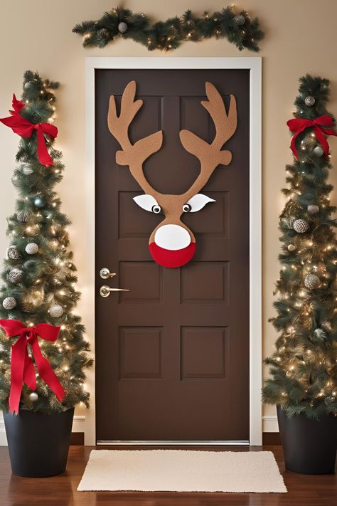 Felt Reindeer Faces with DIY Noses and Antlers Christmas Office Door Decorations, Christmas Office Door Decorations Ideas, Office Door Decorations, Door Decoration For Christmas, Christmas Office Door, Door Decorations Ideas, Reindeer Faces, Felt Reindeer, Reindeer Face