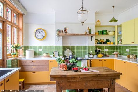 Couple spend almost DOUBLE their £50,000 budget on George Clarke's Old House, New Home  | Daily Mail Online Green Tile Backsplash, Best Bath Towels, Edwardian House, Yellow Kitchen, Green Tile, Kitchen Tiles Backsplash, Kitchen Colors, 인테리어 디자인, Kitchen Backsplash