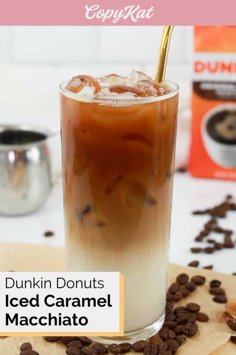 Dunkin Iced Caramel Macchiato is a delicious creamy coffee drink with rich flavor. Get the easy copycat recipe and find out how to make the best iced caramel macchiato like Dunkin Donuts at home. Save money and make a delightful homemade espresso drink with simple ingredients. Dunkin Caramel Macchiato, Dunkin Iced Caramel Macchiato, Iced Macchiato Recipe, Dunkin Donuts Recipe, Caramel Syrup Recipe, Iced Macchiato, Iced Caramel Macchiato Recipe, Duncan Donuts, Homemade Espresso