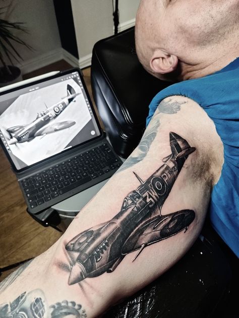 Black and grey Spitfire tattoo Warplane Tattoo, Fighter Plane Tattoo, Spitfire Tattoo, Mustang Tattoo, Aviation Tattoo, Black And Grey Tattoos Sleeve, Pilot Tattoo, Lightning Tattoo, Plane Tattoo