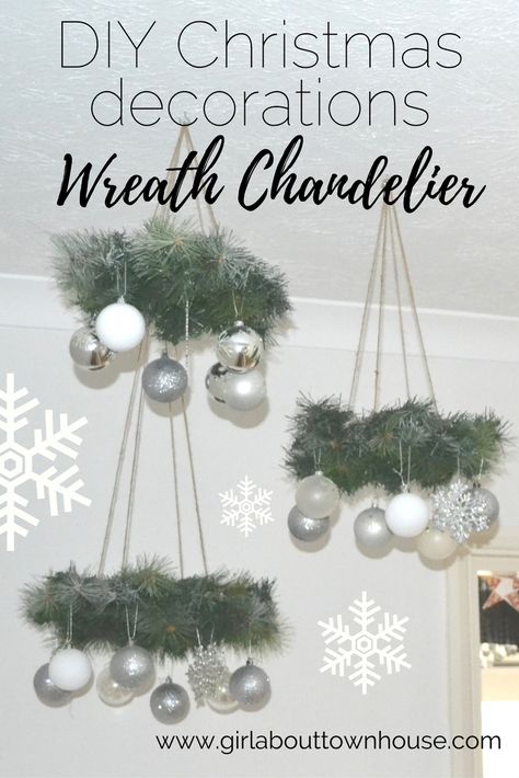 Wreath Chandeliers: Christmas craft week - Girl about townhouse Diy Christmas Chandelier, Christmas Chandelier Ideas, Chandelier Wreath, Wreath Chandelier, Faux Chandelier, Ribbon Chandelier, How To Make A Chandelier, Christmas Chandelier, Christmas Decorations Wreaths