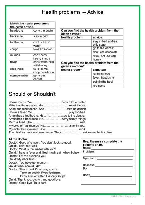 Health problems - advice - English ESL Worksheets for distance learning and physical classrooms Zero Conditional, Middle School Reading Comprehension, Giving Advice, 23rd March, Health Care Tips, English Exercises, Grammar Practice, Learn English Grammar, Middle School English