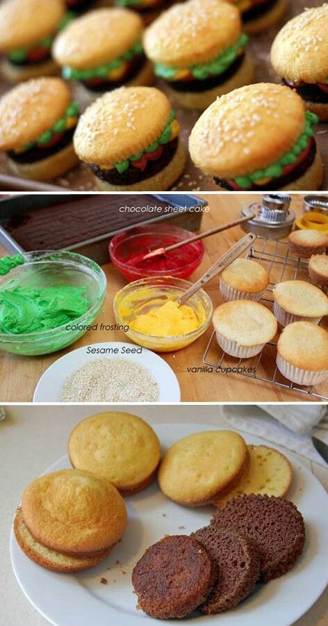 Hamburger cupcakes                                                                                                                                                      More Alien Party Snacks, Spongebob Themed Food Ideas, Cute Summer Desserts, Cakes That Look Like Food, Party Food Kids, Hamburger Cupcakes, Spongebob Birthday, Cupcake Cake, Fun Cupcakes