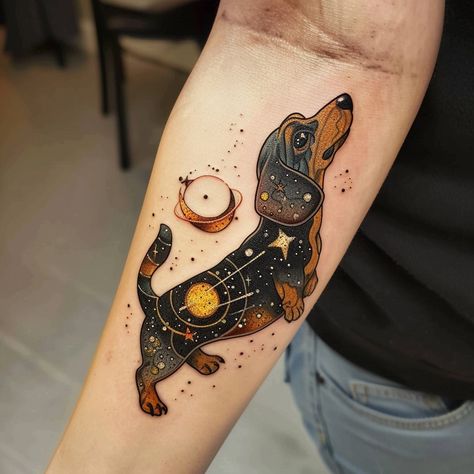 35 Dachshund Tattoos with Meanings: Symbolism Behind Unique Ink Designs - Lets Learn Slang Doxie Tattoo, Daschund Tattoo, Dachshund Tattoos, Corgi Tattoo, Memorial Tattoo Ideas, Side Thigh Tattoos, Dachshund Illustration, Dachshund Tattoo, Pretty Snakes