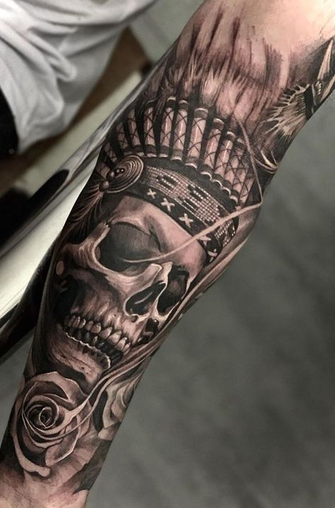 Indian Tattoos For Men, Indian Headdress Tattoo, Sea Tattoo Sleeve, Indian Skull Tattoos, Chest Tattoo Drawings, Headdress Tattoo, Bird Tattoo Wrist, Native American Tattoo, Wolf Tattoo Sleeve