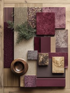 Burgundy Mood Board, Material Board Interior Design, Concept Board Interior Design, Interior Design Mood Board Inspiration, Mulberry Wallpaper, Interior Design Concept Board, Material Mood Board, Luxury Mood Board, Deco Violet