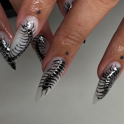 ⋆ ༺Ƹ★ (ꐦ ◣‸◢) ★ Ʒ༻ ⋆ @apresnailofficial Medium Stiletto - - #coolnails #centipede #grungenails #naildesign #nailinspo Centipede Nail Art, Centipede Makeup, Spikey Nails, Centipede Nails, Nail Ideas Stiletto, Stiletto Gel Nails, Insect Nails, Bug Nails, Alternative Nails