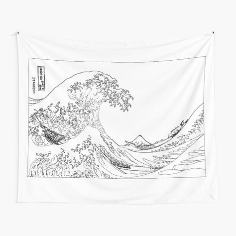 Great Wave Outline Black and White. The Great Wave off Kanagawa • Millions of unique designs by independent artists. Find your thing. Japanese Aesthetic Room, Wave Tapestry, Fall Bedding Sets, Hokusai Art, The Great Wave Of Kanagawa, Wave Of Kanagawa, White Tapestry, Polka Dot Bedding, Geometric Bedding