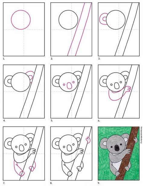 Easy How to Draw a Koala Tutorial and Koala Coloring Page How To Draw For Kindergarteners, Step By Step Art For Kids, How To Draw A Koala, How To Draw Animals For Kids, Draw Koala, How To Draw For Kids, Draw A Koala, Directed Drawing For Kids, Koala Drawing