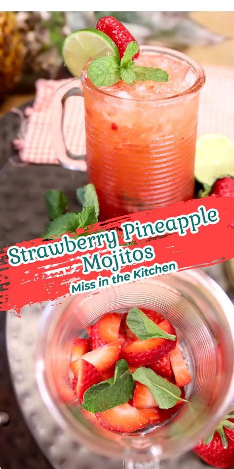 Strawberry Pineapple Mojito cocktails are refreshing and full of summer flavors.  Just a few ingredients for this rum cocktail that can be easily made by the glass. Refreshing Rum Cocktails, Rum And Orange Juice, Orange Juice Cocktails, Pineapple Mojito, Summer Flavors, Pineapple Rum, Mojito Recipe, Rum Cocktails, Rum Drinks