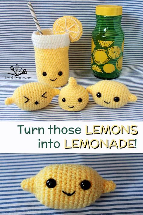 Feeling sour?  Turn those lemons into lemonade with this pattern by Jensalittleloopy! Crochet Lemon Bag Free Pattern, Crochet Lemonade, Crochet Lemon Pattern, Lemon Crochet Keychain, Crochet Minis, Crochet Lemon, Glass Of Lemonade, Make Lemonade, Crochet Fruit