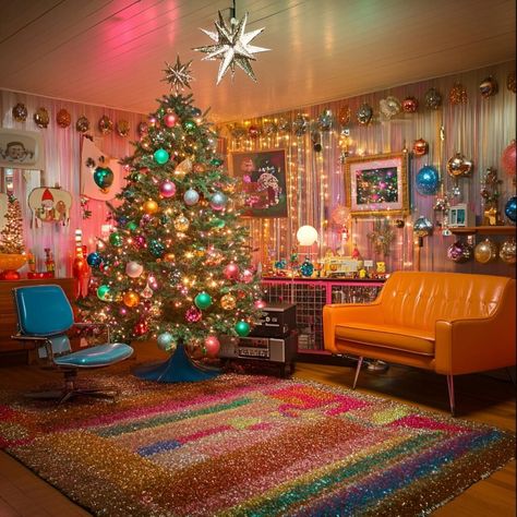 Tinsel garlands and glass ornaments make this retro Christmas tree a centerpiece for a mid-century-inspired room with bold patterns. Space Age Christmas, 1970s Christmas Aesthetic, Retro Christmas Aesthetic Decor, Vintage Eclectic Christmas Decor, Vintage Christmas Aesthetic Decor, Vintage Christmas Inspiration, 1970s Christmas Tree, Retro Christmas Decorations 1950s, 60s Christmas Aesthetic