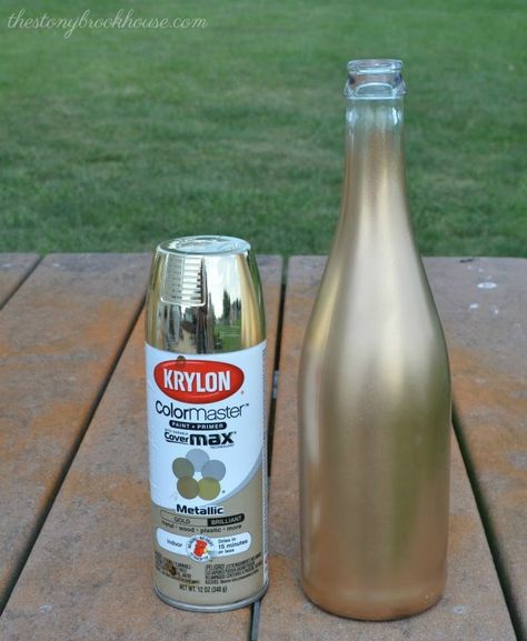 Krylon ColorMaster Spray Paint Spray Painted Bottles Centerpieces, Gold Painted Wine Bottles, Matte Gold Spray Paint, Spray Paint Candle Holders, Prom Centerpieces, Gold Spray Paint Diy, Spray Painting Glass, Spray Painted Bottles, Vine Bottle