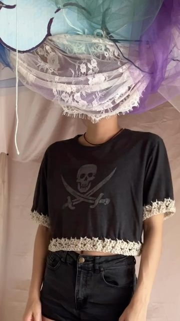 ☁️ on Instagram: "Crochet on your old t shirts just because you can ✨   #handmade #upcycling #diy #crochet #upcycle #zerowaste #slowfashion #design #tutorial" Fishnet Shirt Diy, Add Crochet To T Shirt, Crochet Applique On Clothes, T Shirt Applique Ideas, Crochet On Tshirt, Adding Crochet To Clothes, Old Tshirt Ideas Diy, Upcycle Tshirt Ideas, Upcycle Clothes Diy Easy