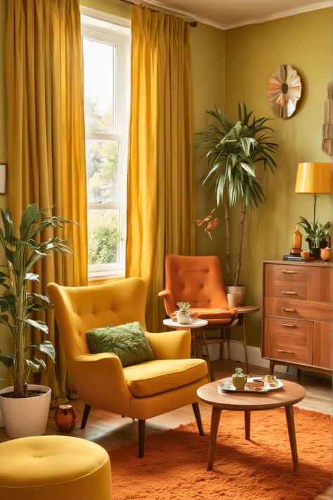 17 Modern 70s Living Room Ideas – The Crafty Hacks 70s Curtains Living Room, 1970s Furniture Living Rooms, 60s Modern Home Decor, Retro Style Home, 70s Lounge Room, Orange Yellow Room, 70s Home Aesthetic, Modern 70s Living Room, 70s Aesthetic Home