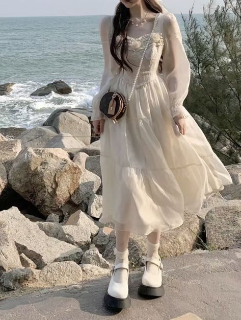 French White Dress, Korean Fashion Dress Elegant, Dresses Korean Style, Cute Korean Outfits, Clueless Outfits, Korean Fashion Dress, Dress Aesthetic, Fairytale Dress, Stylish Dress Book