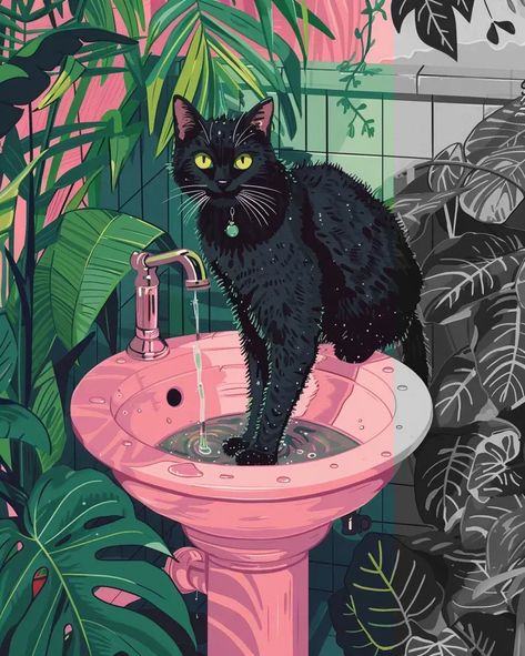 Full Color Image in ai-img-gen.com 🔸 painting illustration , a black standing on a round pedestal bathroom sink, the cat is washing his p... 🔸 From Midjourney AI Image Black Cat Art Wallpaper, Cat With Piercing, Bathroom Illustration, Bathroom Scene, Whimsical Bathroom, Black Cat Illustration, Pedestal Bathroom Sink, Cat Dark, Pink Porcelain