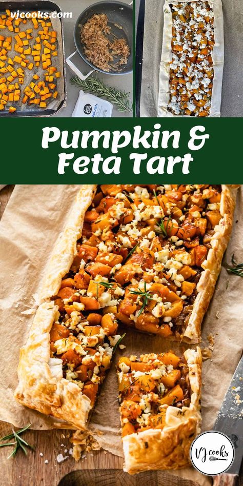 An incredibly tasty Pumpkin and Feta Tart made from layers of caramelised onion, roasted pumpkin and crumbled feta encased in golden, flaky pastry. An excellent vegetarian dish to share with friends and family either as a main meal with a salad, or as side dish. #vjcooks #vegetarianmeals #pumpkinandfeta Vegetarian Pumpkin Recipes, Vegetable Tart Recipe, Butternut Squash With Feta Cheese, Savoury Tart Recipes, Pumpkin Feta Quiche, Vegetarian Tart Recipes, Pumpkin Feta Frittata, Salad Cakes, Pumpkin Tarts Recipe