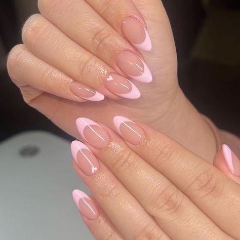 Pink Tipped Almond Nails, Birthday Nails Pink French Tip, French Tip Nails With Small Design, Small Pink French Tip Nails, Nail Designs Simple Purple, Pink French Tip Almond Shape, Coloured French Nails Tips Almond, Simple Nail Designs Coffin Shape, Pink French Tip Nails With Chrome