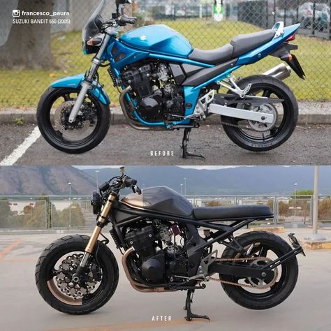 Cafe Racer | Custom Motorcyle on Instagram: “Before and after. Suzuki Bandit 650 from 2005 aka The Bright aka Paura Rockets 018…” Suzuki Bandit Cafe Racer, Suzuki Bandit 600, Cafe Scrambler, Naked Bikes, Neo Retro, Suzuki Cafe Racer, Motorcycle Custom, Fast Life, Suzuki Bandit