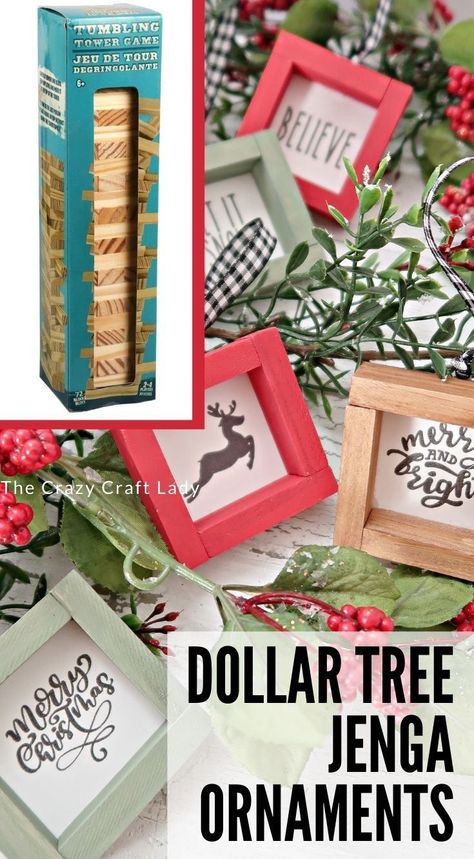 Jenga Christmas Ornaments, Diy Jenga, Dollar Tree Christmas, Dollar Tree Diy Crafts, Home Decor Christmas, Holiday Crafts Christmas, Christmas Ornament Crafts, Tree Crafts, Christmas Wood