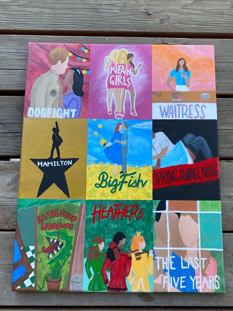 Painted posters from my favorite musicals! Musical Theatre Paintings, Theatre Painting, Painted Posters, Clipboard Art, Chicago Musical, Painted Jacket, Spring Awakening, Broadway Theatre, Theatre Arts