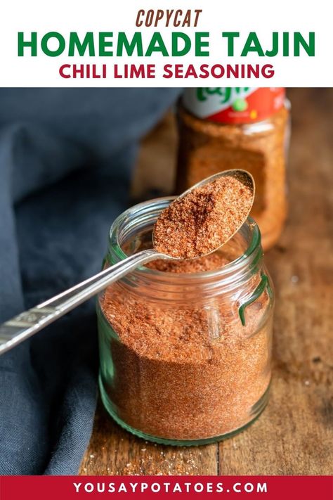 Spoon of homemade tajin seasoning resting on a jar. Chili Lime Salt Recipe, Homemade Tajin, Chili Lime Seasoning Recipe, Tajin Fruit, Tajin Seasoning, Tajin Recipes, Mexican Spice, Chicken Popcorn, Lime Seasoning