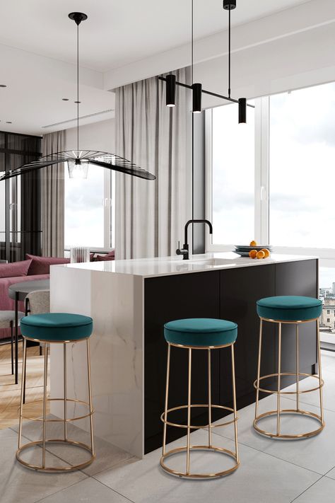 Apartment Decor Styles, Kitchen Stool Ideas, Kitchen Island With Table, Island With Table, Kitchen Isle, Detroit Apartment, Coral Kitchen, Modern Kitchen Apartment, Kitchen Island Stools