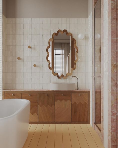 Marvelous children bathroom in one of our latest projects. #rhymeteam | Instagram Pink Primary Bathroom, Pink Ground Bathroom, Pink Feature Tile Bathroom, Bathroom Joinery, Original Pink Tile Bathroom, Pink Bathroom Tilea, Children Bathroom, Interior 2024, Bathroom Pink