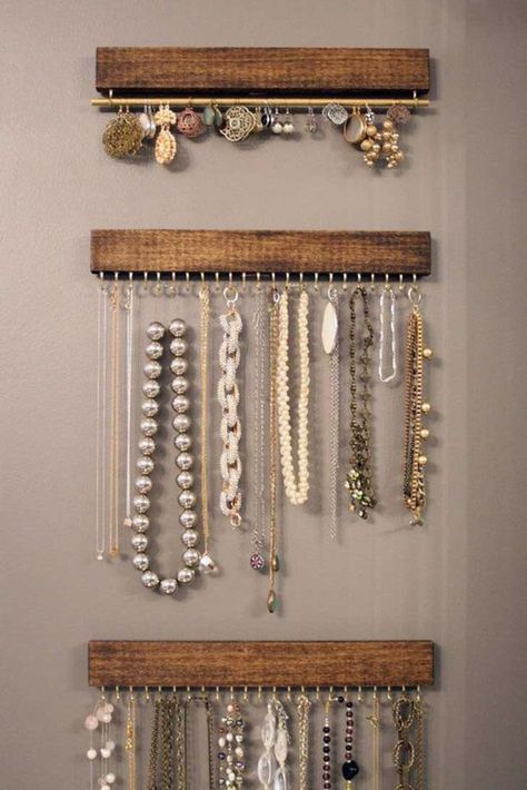 9 CLEVER WAYS TO STORE & DISPLAY YOUR JEWELRY - FENNO FASHION, LLC Jewelry Storage Ideas, Jewelry Storage Diy, Wood Jewelry Display, Diy Jewelry To Sell, Jewelry Organizer Wall, Organizer Diy, Diy Jewelry Holder, Hanging Necklaces, Jewelry Organizer Diy