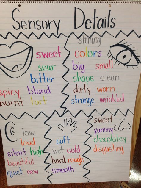 Sensory Details Anchor Chart Details Anchor Chart, Five Senses Preschool, Sensory Language, 5 Senses Activities, Sensory Words, Senses Preschool, My Five Senses, Sensory Details, Senses Activities