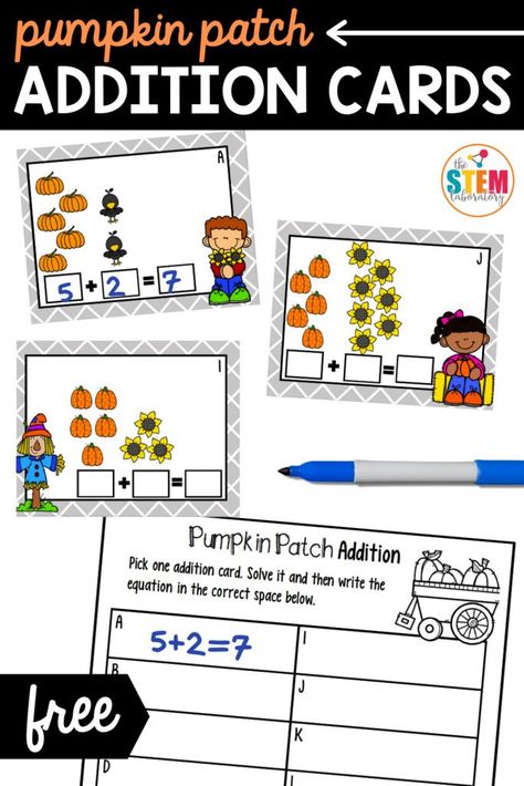 These pumpkin patch addition cards are perfect for every classrooms fall math centers! Kindergarten and first graders will love adding numbers together using a visual fall picture as a scaffold! This games even comes with a FREE recording sheet, making it a teacher favorite and easy prep. #addition #mathcenters #fallactivities Addition Small Group Activities, Addition Task Cards Free, Addition And Subtraction Math Centers, Math Addition Games Kindergarten, Fall Math Stations Kindergarten, Fall Math Centers Kindergarten Free, Halloween Addition Kindergarten, Fall Addition Activities, Free Pumpkin Math Printables