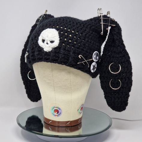 Crochet Bunny Ear Hat, Goth Hats, Bunny Ear Beanie, Bunny Ear Hat, Goth Hat, Subversive Basics, Bunny Beanie, Crochet Skull Patterns, Anime Hats