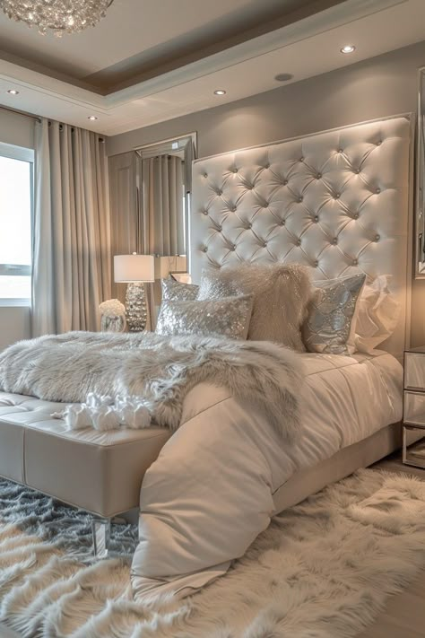 29 Glam Bedroom Decor Ideas for Ultimate Luxury 4 Silver And White Bedroom Ideas, Modern White Bedroom, White Bedroom Ideas, Glam Bedroom Decor, White Bedroom Decor, Luxe Bedroom, Luxury Room Bedroom, Glam Bedroom, Classy Bedroom