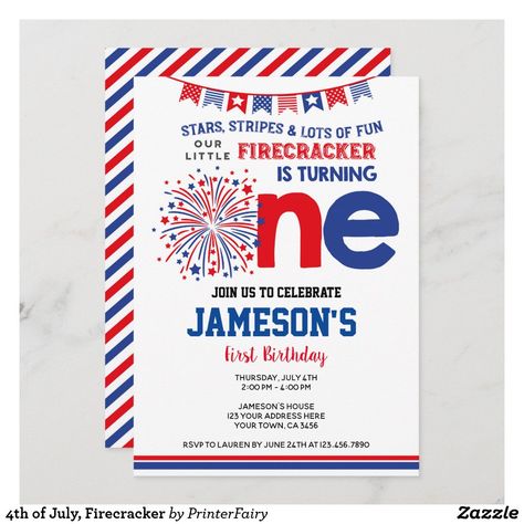 4th Of July First Birthday, July Birthday Party, 2nd Birthday Invitations, July Birthday, Turning One, 1st Birthday Invitations, First Birthday Invitations, 4th Of July Party, July Party