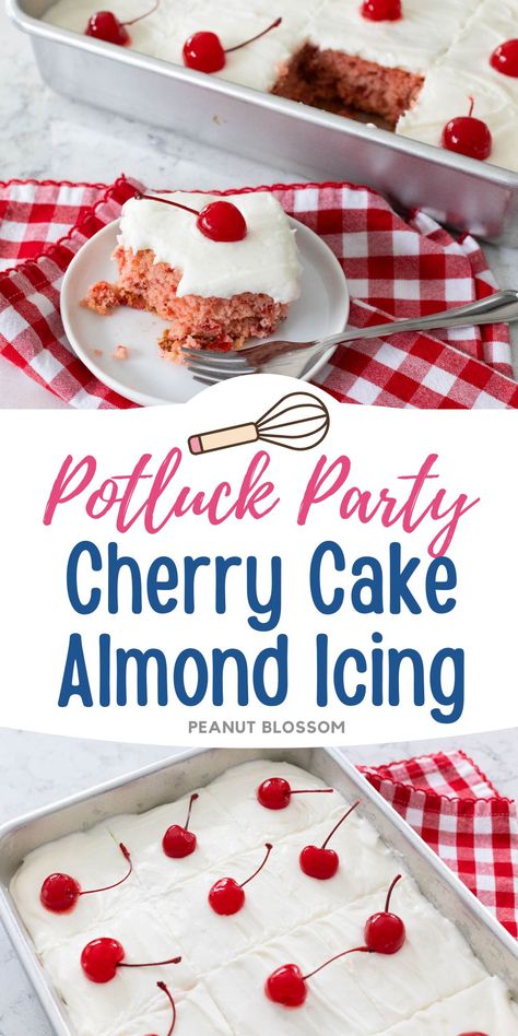 Cherry Cake with Almond Icing White Cake With Cherries, Cherry Almond Bundt Cake, Can Of Cherry Pie Filling, Almond Icing, Cherry And Almond Cake, Cake With Cherries, Cherry Frosting, Peanut Blossoms, Potluck Party