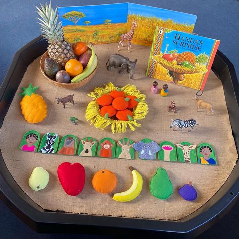 Handas Suprise Tuff Tray, Handa's Surprise Activities Eyfs, Handas Surprise Activities, Handas Surprise Eyfs, Handas Surprise, Character Activities, Montessori Language, Story Sack, Tuff Spot