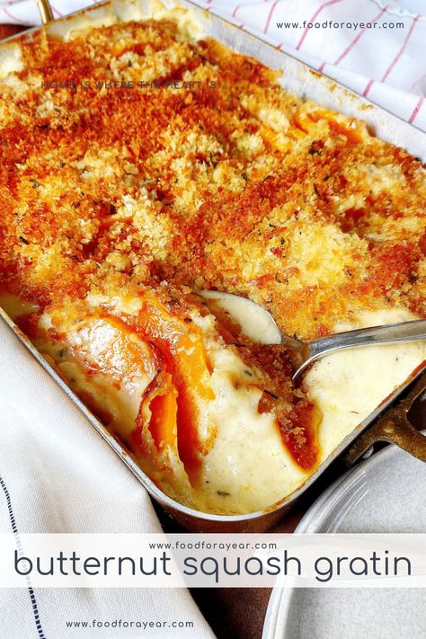 Butternut Squash Gratin, Squash Gratin, Butternut Recipes, Sweet Potato Gratin, Mornay Sauce, Veggie Main Dishes, Au Gratin Recipes, Baked Squash, Pumpkin Squash