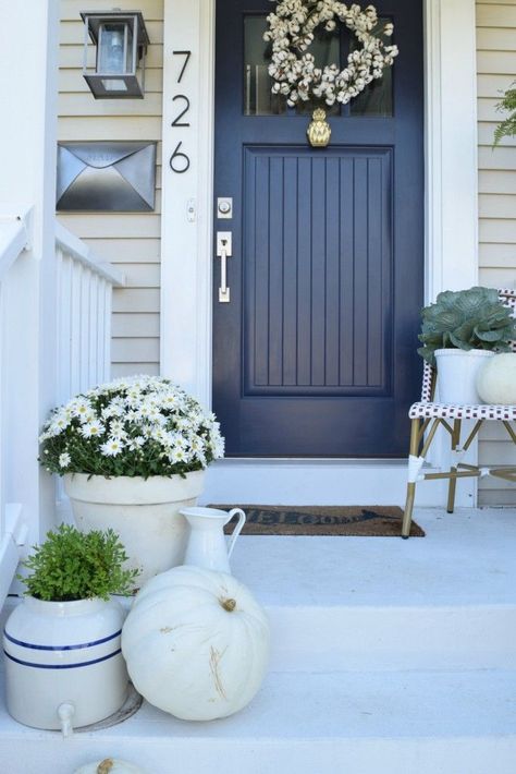 Fall Ideas for Front Porch and Eclectic Fall Home Tour Navy Front Door, Tan House, Blue Front Door, Door Colors, Door Paint Colors, Front Door Entrance, Painted Front Doors, Exterior Paint Colors For House, Door Numbers