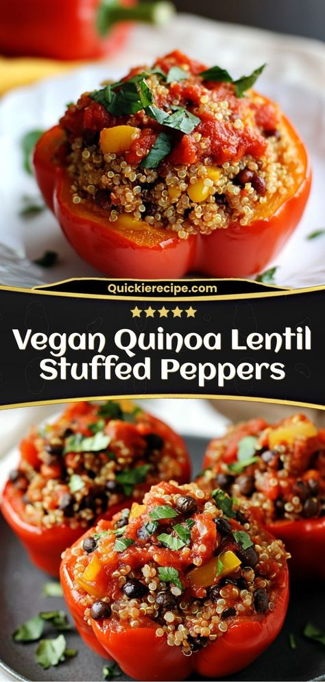 Vegan Quinoa Lentil Stuffed Peppers These vegan quinoa lentil stuffed peppers are the ultimate plant-based meal. Full of protein and fresh flavors, they’re perfect for a healthy dinner. Ingredients: 4 bell peppers 1 cup cooked quinoa 1 cup cooked lentils ½ cup marinara sauce Quinoa Peppers Stuffed, Crockpot Vegetarian Stuffed Peppers, Vegan Quinoa Stuffed Peppers, Plant Based Stuffed Peppers, No Meat Stuffed Peppers, Lentil Stuffed Bell Peppers, Raw Bell Pepper Recipes, Lentils And Quinoa Recipes, Stuffed Bell Peppers Vegetarian