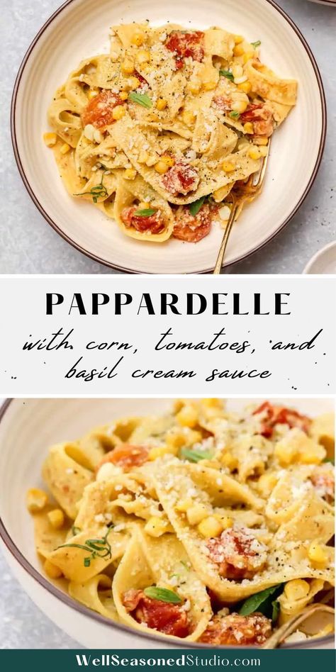 Red Onion Pasta Recipe, Pasta With Corn And Tomatoes, Corn And Tomato Pasta, Pasta With Corn, Basil Cream Sauce, Apartment Recipes, Blistered Tomatoes, Summer Pasta Dishes, Grub Hub