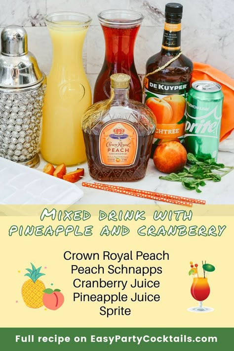 Royal Peach Cocktail Crown Royal Mixed Drinks Recipes, Peach Whiskey Drink, Crown Drinks, Peach Crown Royal, Crown Royal Recipes, Crown Royal Peach, Crown Royal Drinks, Peach Cocktail, Peach Drinks