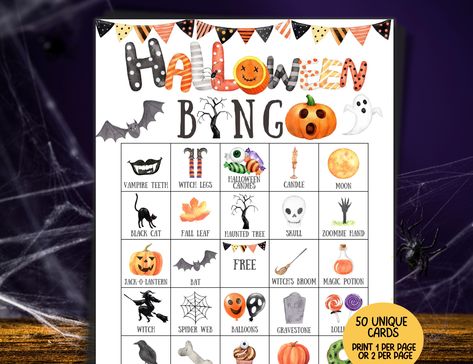 50 Printable Halloween Bingo Cards, Halloween Party Games, Halloween Kids Preschool Activities Party Games, Birthday Halloween Download by FunFilledPrintables on Etsy Halloween Bingo For Kids, Halloween Party Games For Adults, Halloween Bingo Printable, Halloween Bingo Game, Halloween Bingo Cards, Activity Kindergarten, Party Games For Adults, Halloween Downloads, Games Halloween