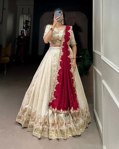 A bridesmaid statement in serene shades 🕊 sku : 107109 Lehenga (Stitched) Lehenga Fabric : Vichitra Silk Lehenga work : Sequins and Thread Embroidery Work Lehenga Waist : SUPPORTED UP TO 42 Lehenga Closer : Drawstring with Zip Stitching : Stitched With Canvas and Can Can Length : 41 Flair : 3.5 Meter Inner : Micro Cotton Blouse (Unstitched) Blouse Fabric : Vichitra Silk Blouse Work : Sequins and Thread Embroidery Work Blouse Length : 1 Meter Dupatta Dupatta Fabric : Vichitra Silk... Dupatta For White Lehenga, Dupatta Design For Lehenga, Wedding Chaniya Choli Designs, White Choli Designs, Silk Chaniya Choli Designs, Off White Chaniya Choli, White Ghagra Choli, White Lehenga Look, Chaniya Choli Blouse Design