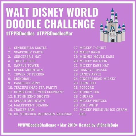 Walt Disney World Doodle Challenge! 💖💫💞🏰💞💫💖 I'm in Walt Disney World! So I had to have a WDW challenge with the prompts being all things you can find at Walt Disney World in Orlando, Florida - my favourite place on earth! I know that some of these prompts are going to be tricky - but it's how you choose to interpret them! It doesn't matter how well you can draw (or letter) when you join in these challenges, it's about having fun, practising your skills and joining up with other creatives Disney Drawing Challenge, World Doodle, Draw Leaves, Doodle Challenge, Disney Cupcakes, Disney Drawing, Balloon Tree, Journal Challenge, Bullet Journal Cover Ideas