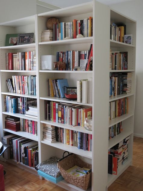 Use book case to create closet space Bookcase Room Divider Ideas, Ikea Room Divider, Bedroom Divider, Bookshelf Room Divider, Small Room Divider, Room Divider Bookcase, Fabric Room Dividers, Portable Room Dividers, Glass Room Divider