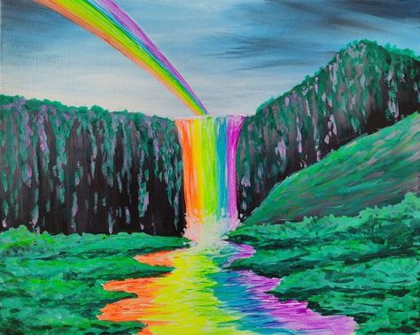 Rainbow Waterfall Painting, Winter Tree Drawing, Rainbow Paintings, Book Vibe, Rainbow Waterfall, Rainbow River, Moving Van, Pinots Palette, Rainbow Water