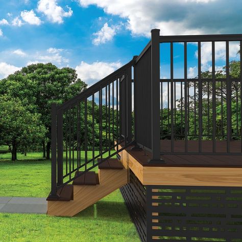 Deck Skirt, Square Balusters, Black Stair Railing, Deck Stair Railing, Black Railing, Deck Railing Systems, Aluminum Railing Deck, Stair Kits, Vinyl Railing